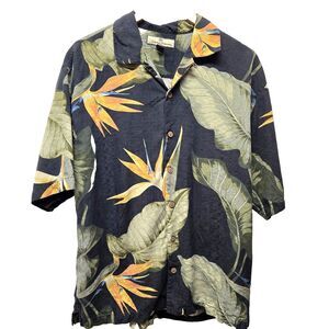 Tommy Bahama Black Tropical Camp Silk Shirt Mens sz Medium Short Slv Palm Floral